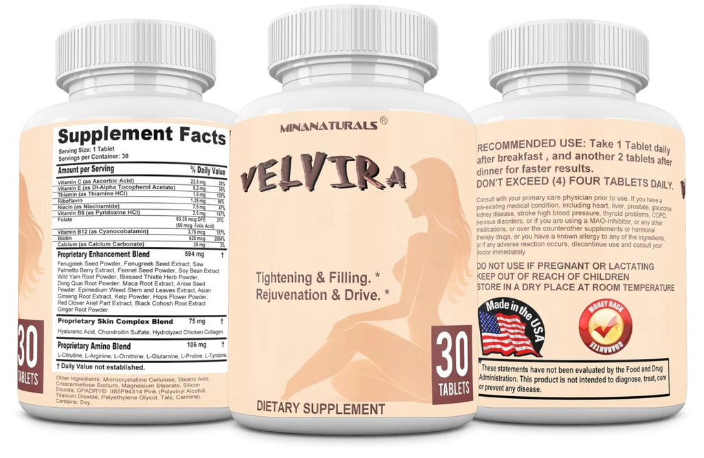 MINANATURALS VELVIRA Feminine Wellness Support Supplement for Women Herbal Rejuvenation Formula with Vitamins, Amino Acids & Collagen 30 Tablets - TrustMedUSA