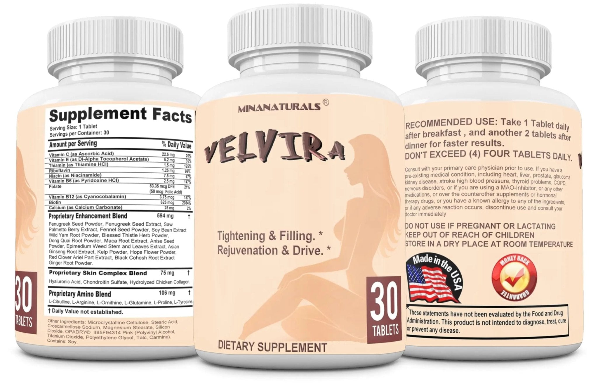 MINANATURALS VELVIRA Feminine Wellness Support Supplement for Women Herbal Rejuvenation Formula with Vitamins, Amino Acids & Collagen 30 Tablets - TrustMedUSA