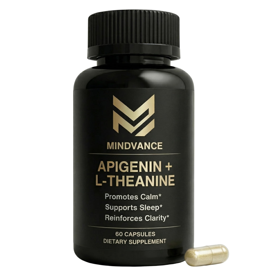 Mindvance Apigenin 100mg with L-Theanine 200mg Supplement Capsules for Sleep Support, Relaxation, Clarity & Calm | Melatonin Free | 60 Vegan Capsules - TrustMedUSA