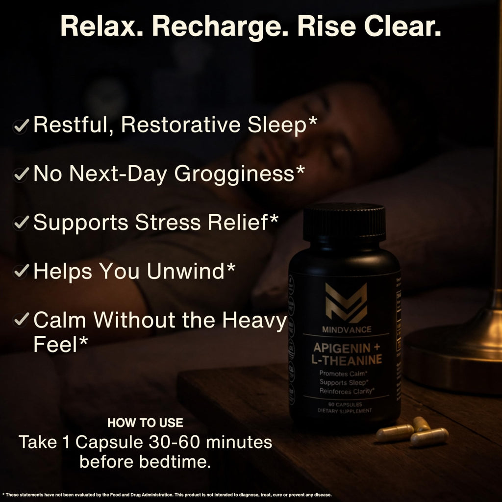 Mindvance Apigenin 100mg with L-Theanine 200mg Supplement Capsules for Sleep Support, Relaxation, Clarity & Calm | Melatonin Free | 60 Vegan Capsules - TrustMedUSA