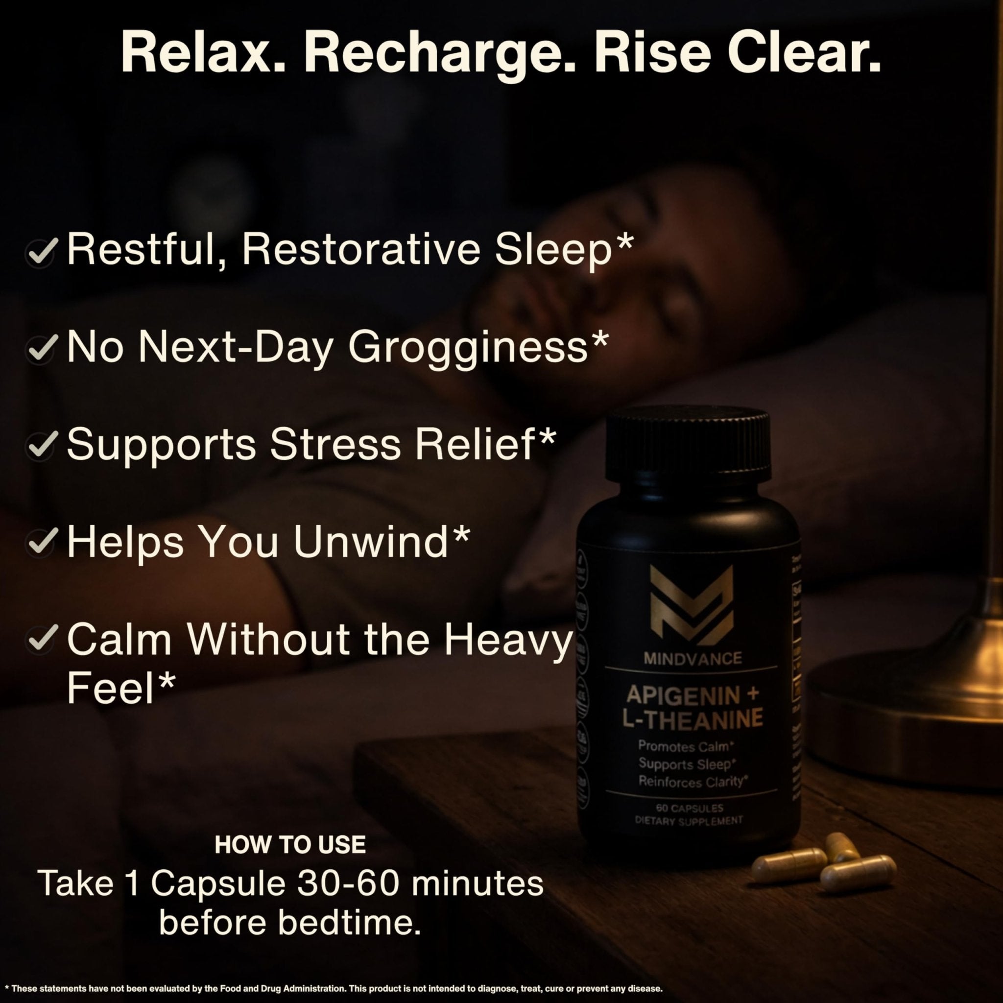 Mindvance Apigenin 100mg with L-Theanine 200mg Supplement Capsules for Sleep Support, Relaxation, Clarity & Calm | Melatonin Free | 60 Vegan Capsules - TrustMedUSA
