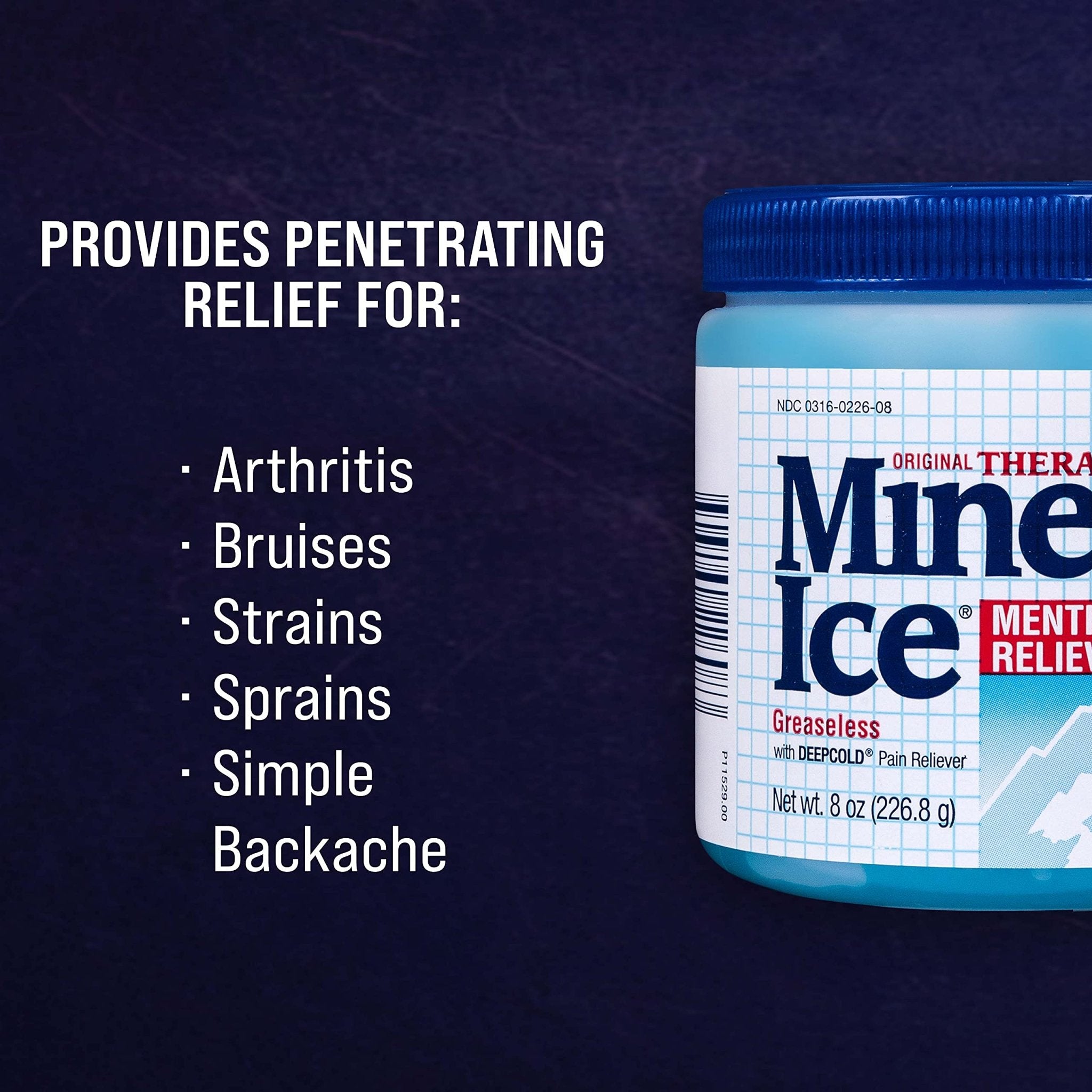 Mineral Ice Original Therapeutic Menthol Pain Relief Gel. Greaseless with "Deepcold" Pain Reliever. Provides Cooling & Penetrating Relief for Arthritis, Simple Backache, Strains & Sprains (8 Ounce) - Maple Wellness Supplements