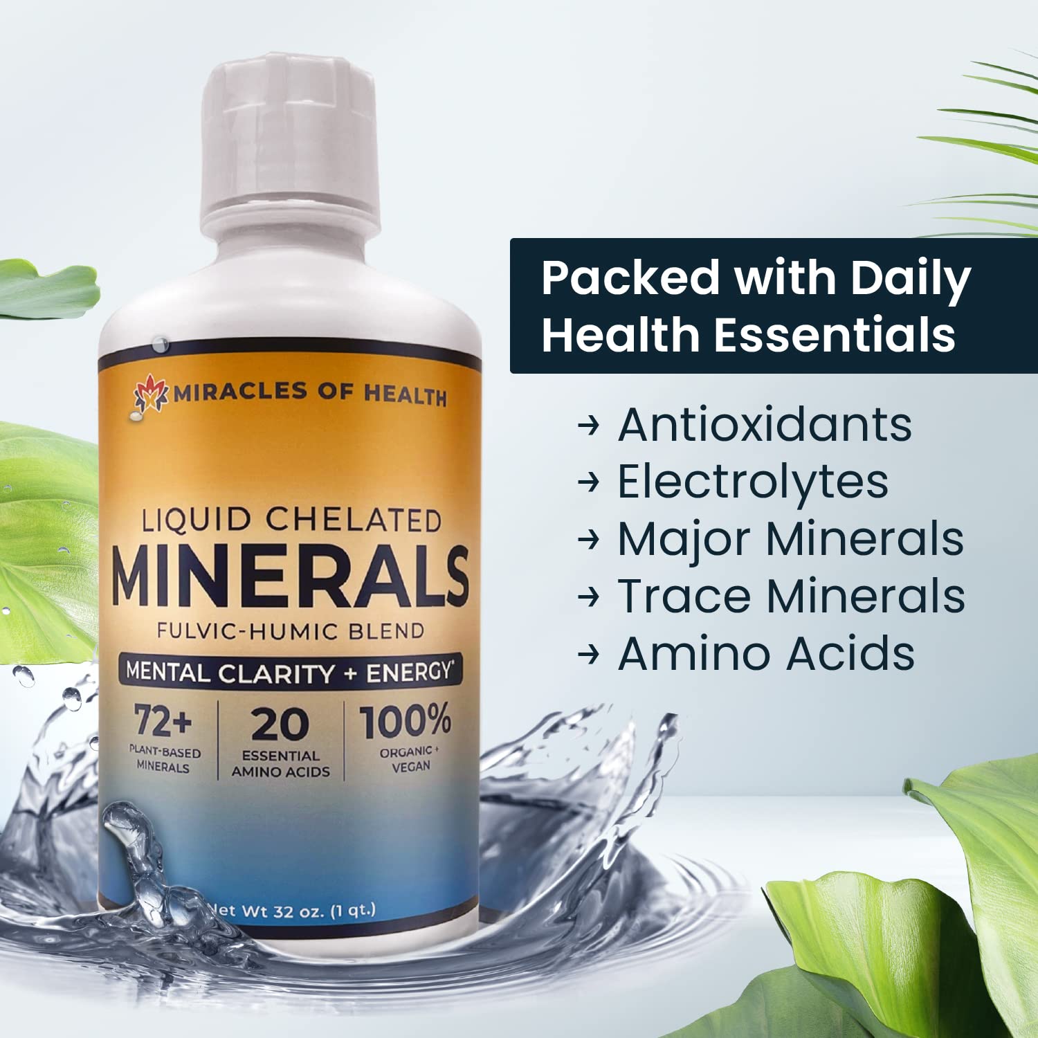 Miracles of Health Liquid Chelated Minerals - Organic Humic Fulvic Mineral Blend - 72+ Plant-Based Minerals, 20 Essential Amino Acids - 100% Natural - 1 Month Supply, 32 fl. oz - TrustMedUSA