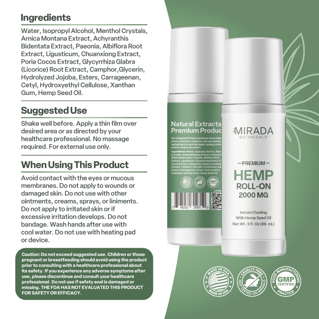 Mirada Botanicals Hemp Cooling Relief Roll-On – 2000mg - Menthol & Arnica – Muscle & Joint Support - TrustMedUSA