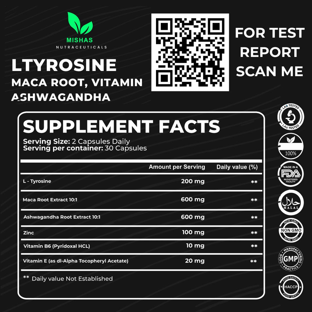 Mishas Nutraceuticals L-Tyrosine with Maca Root, Ashwagandha & Vitamins Complex – Energy, Mental Focus, Stress Relief & Immunity Support – 60 Capsules (30 Servings) - TrustMedUSA