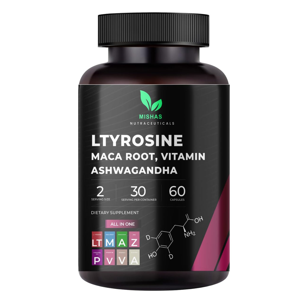 Mishas Nutraceuticals L-Tyrosine with Maca Root, Ashwagandha & Vitamins Complex – Energy, Mental Focus, Stress Relief & Immunity Support – 60 Capsules (30 Servings) - TrustMedUSA