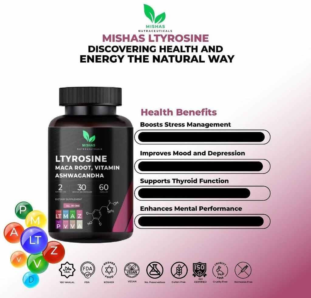 Mishas Nutraceuticals L-Tyrosine with Maca Root, Ashwagandha & Vitamins Complex – Energy, Mental Focus, Stress Relief & Immunity Support – 60 Capsules (30 Servings) - TrustMedUSA