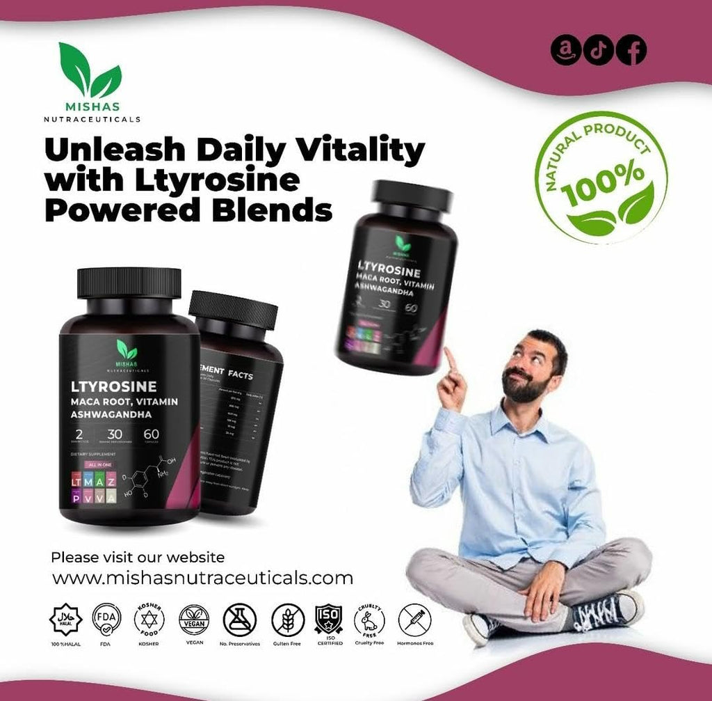 Mishas Nutraceuticals L-Tyrosine with Maca Root, Ashwagandha & Vitamins Complex – Energy, Mental Focus, Stress Relief & Immunity Support – 60 Capsules (30 Servings) - TrustMedUSA