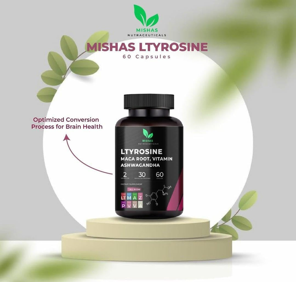 Mishas Nutraceuticals L-Tyrosine with Maca Root, Ashwagandha & Vitamins Complex – Energy, Mental Focus, Stress Relief & Immunity Support – 60 Capsules (30 Servings) - TrustMedUSA