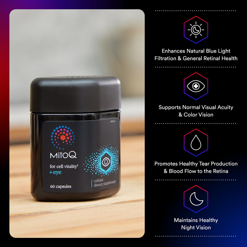 MitoQ +Eye – Eye Health Supplement with Lutein & Zeaxanthin (5:1 Ratio), Bilberry, Maritime Pine Bark, Zinc, Mitoquinol | Supports Macular Health, Visual Clarity & Blue Light Defense - TrustMedUSA