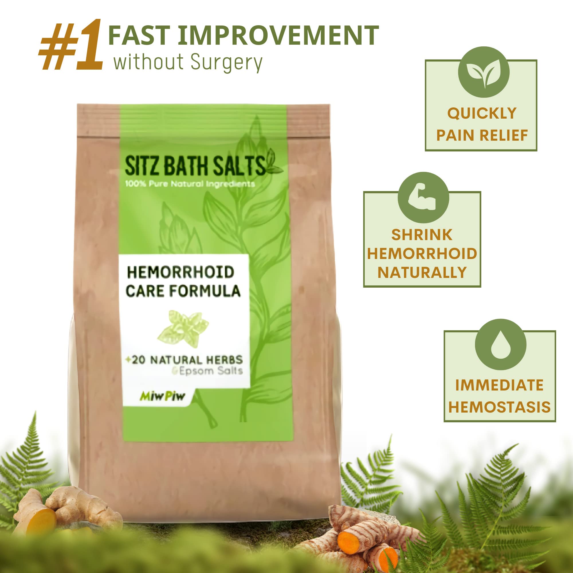 Miw Piw Sitz Bath Salts for Hemorrhoids 15.6 Oz- Soothing Relieving Bleeding Shrinking Internal External Treatment +20 Natural Herbs, Epsom Salt - Suppositories Remedy Postpartum Fissure - TrustMedUSA