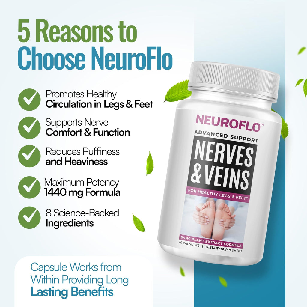 Mizzle Leg Circulation Supplement - Supports Nerves, Veins with 1470mg, 8 in 1 Capsule of Chestnut, Diosmin, Hawthorn for Maximum Relief in Toes, Feet, Ankles, Calves, Legs - Neuroflo - TrustMedUSA