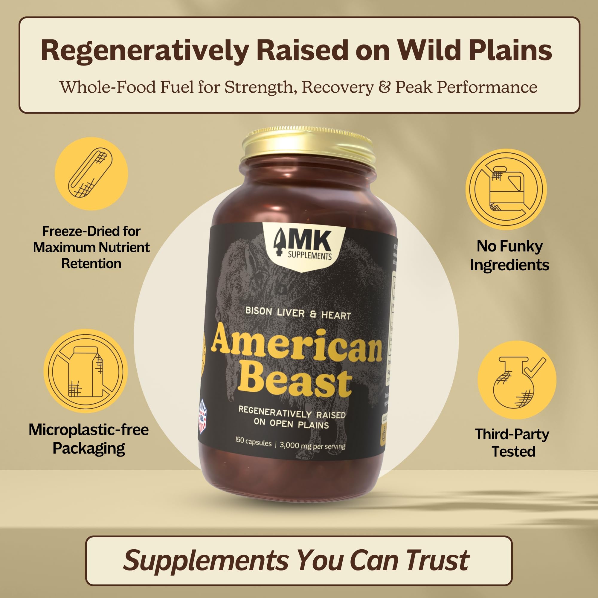 MK Supplements American Beast | Bison Liver & Heart Capsules | ~49x More CoQ10 Than Beef Liver | Regeneratively Raised Bison | 150 Capsules - TrustMedUSA