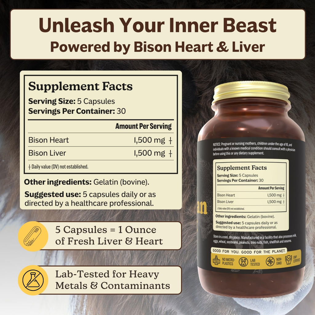 MK Supplements American Beast | Bison Liver & Heart Capsules | ~49x More CoQ10 Than Beef Liver | Regeneratively Raised Bison | 150 Capsules - TrustMedUSA