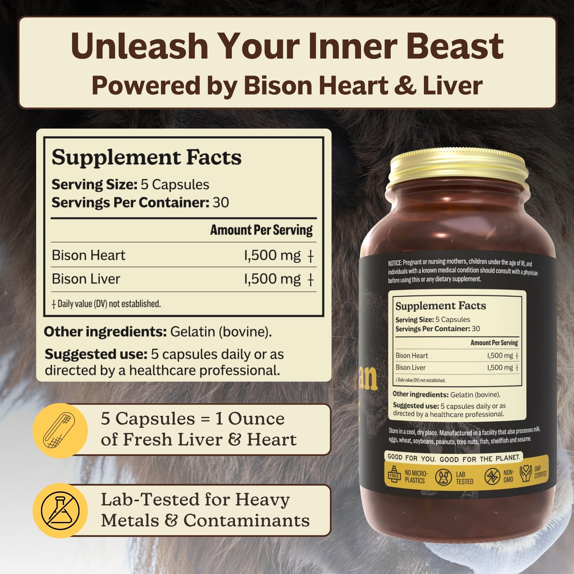 MK Supplements American Beast | Bison Liver & Heart Capsules | ~49x More CoQ10 Than Beef Liver | Regeneratively Raised Bison | 150 Capsules - TrustMedUSA