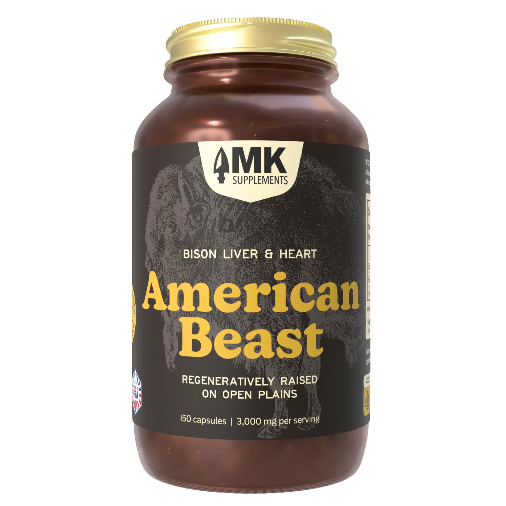 MK Supplements American Beast | Bison Liver & Heart Capsules | ~49x More CoQ10 Than Beef Liver | Regeneratively Raised Bison | 150 Capsules - TrustMedUSA