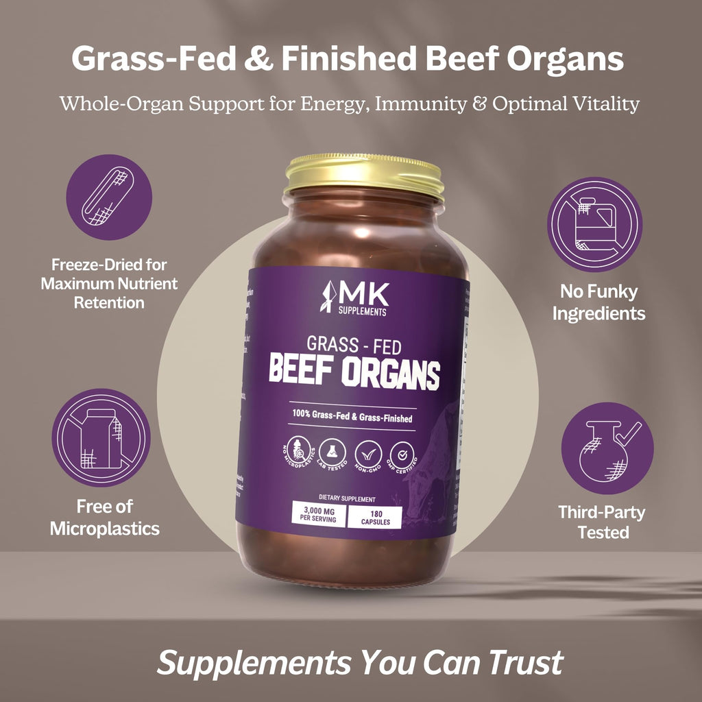 MK Supplements Grass-Fed Beef Organs Capsules | 5 Organs in Nature-Identical Ratios | B12, Copper & Heme Iron | Regeneratively Raised | 150 Capsules - TrustMedUSA