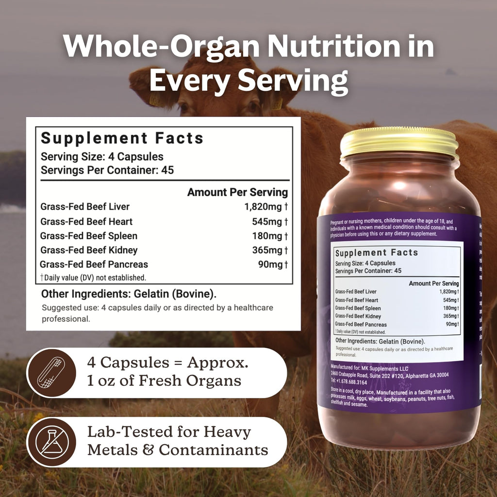 MK Supplements Grass-Fed Beef Organs Capsules | 5 Organs in Nature-Identical Ratios | B12, Copper & Heme Iron | Regeneratively Raised | 150 Capsules - TrustMedUSA