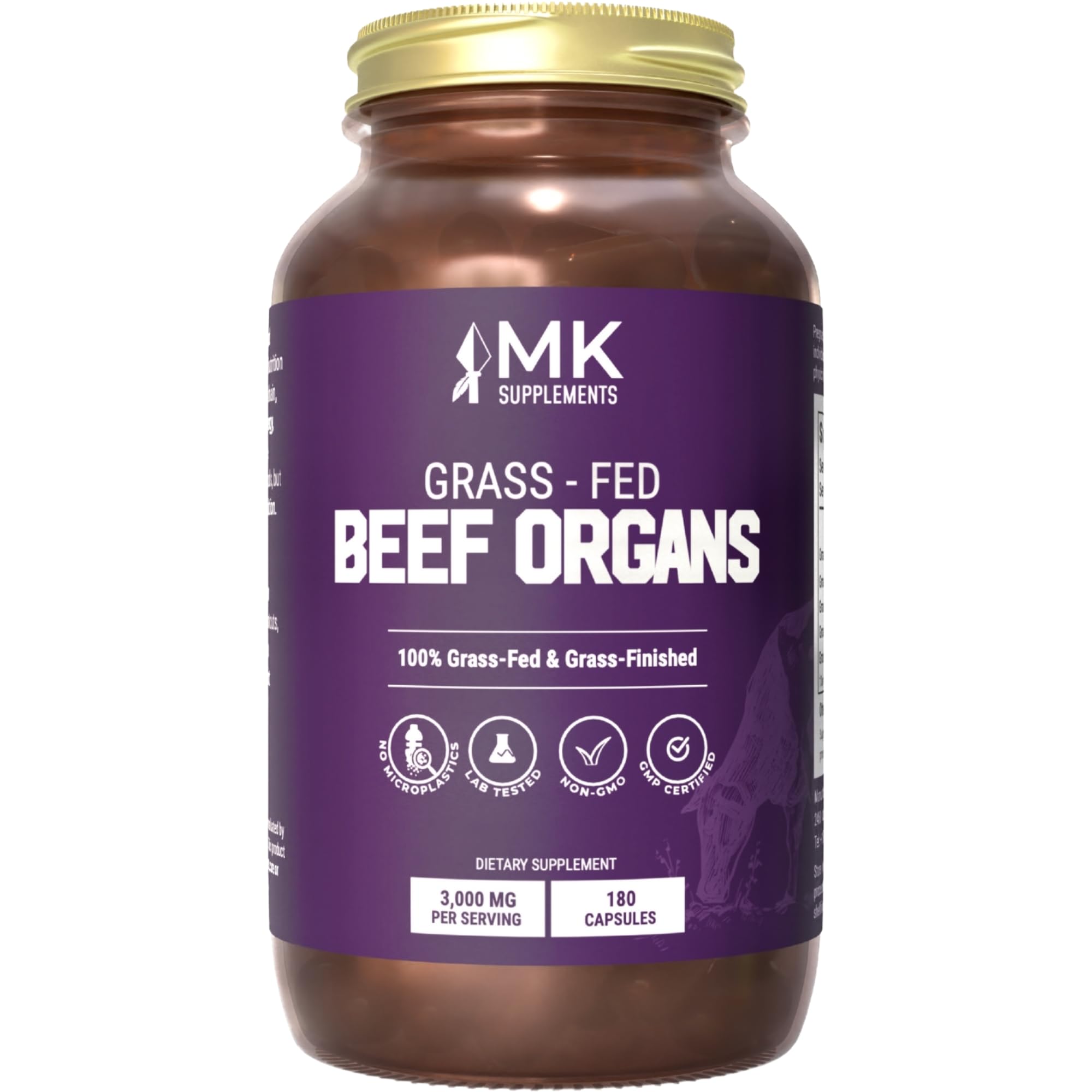 MK Supplements Grass-Fed Beef Organs Capsules | 5 Organs in Nature-Identical Ratios | B12, Copper & Heme Iron | Regeneratively Raised | 150 Capsules - TrustMedUSA