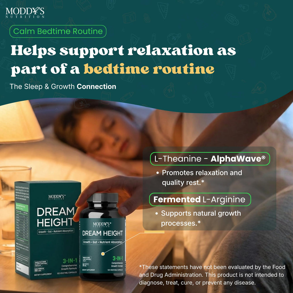 Moddy's Nutrition DreamHeight Growth Supplement for Kids & Teens, Bone, Immune & Sleep Support, Clinically Studied Formula, 120 Small Easy-to-Swallow Capsules - TrustMedUSA