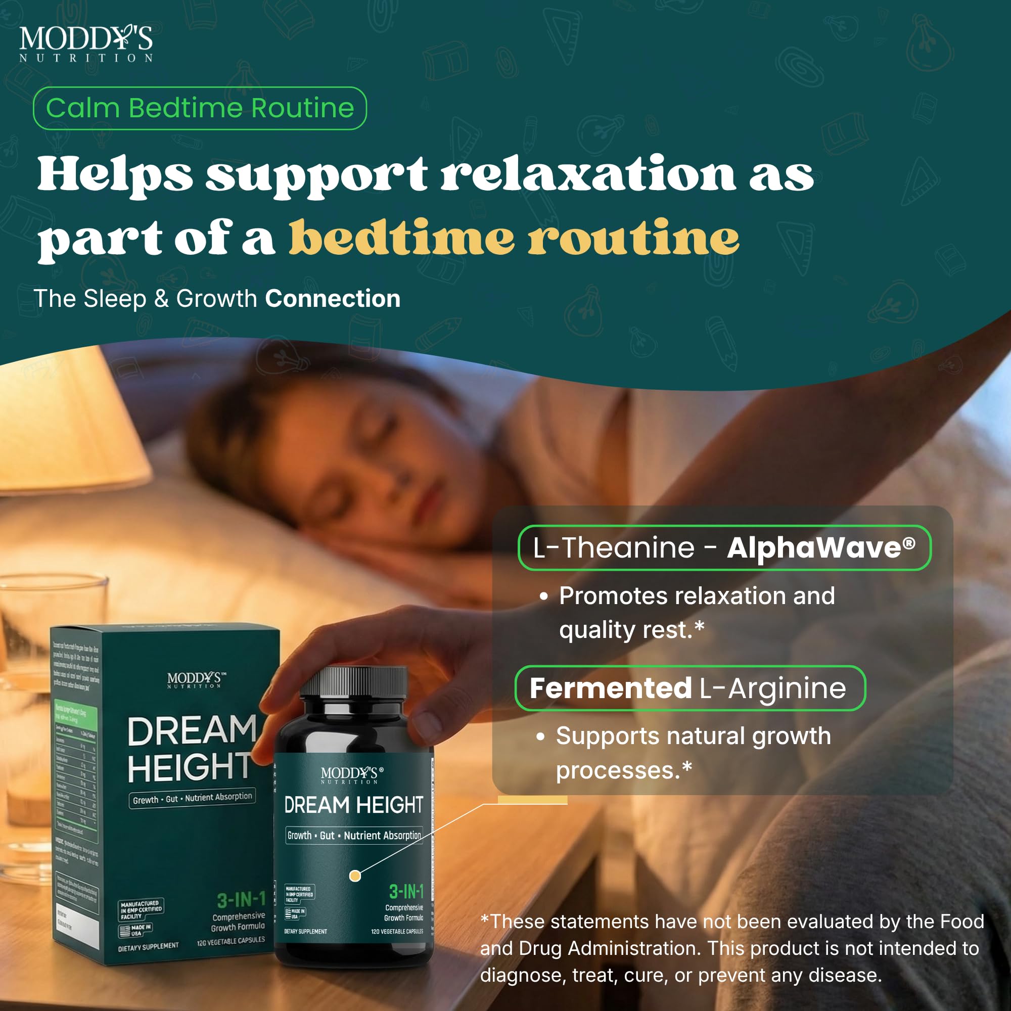 Moddy's Nutrition DreamHeight Growth Supplement for Kids & Teens, Bone, Immune & Sleep Support, Clinically Studied Formula, 120 Small Easy-to-Swallow Capsules - TrustMedUSA