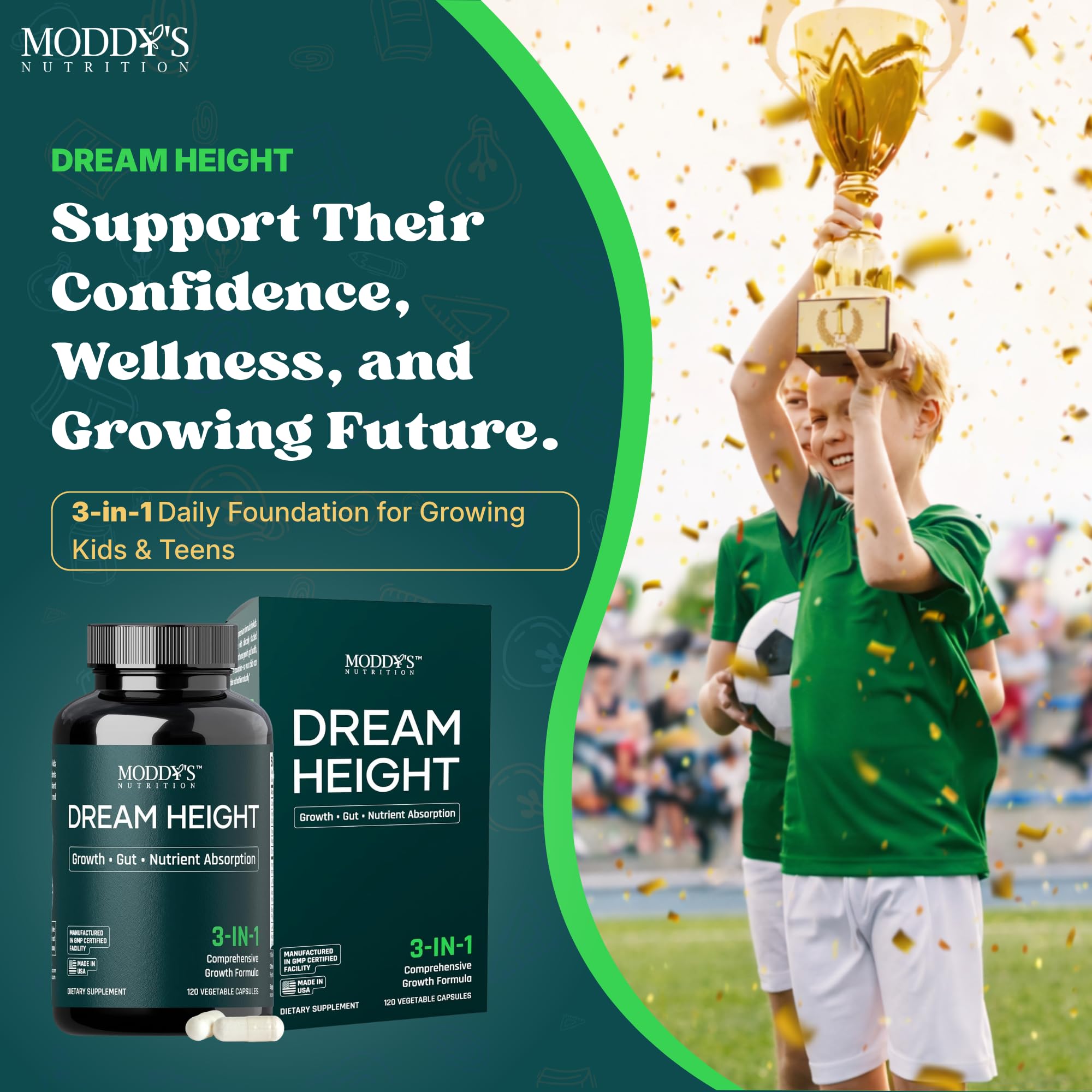 Moddy's Nutrition DreamHeight Growth Supplement for Kids & Teens, Bone, Immune & Sleep Support, Clinically Studied Formula, 120 Small Easy-to-Swallow Capsules - TrustMedUSA