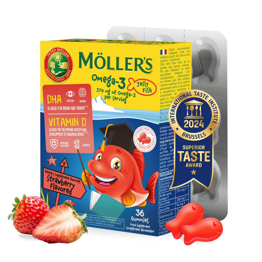 MÖLLER'S Omega 3 Capsules, Natural Fish Oil Omega3 for Kids with DHA and EPA, No Gluten, Lactose or Added Sugar & Easy to Chew, Strawberry Flavor, 36 Capsules - TrustMedUSA
