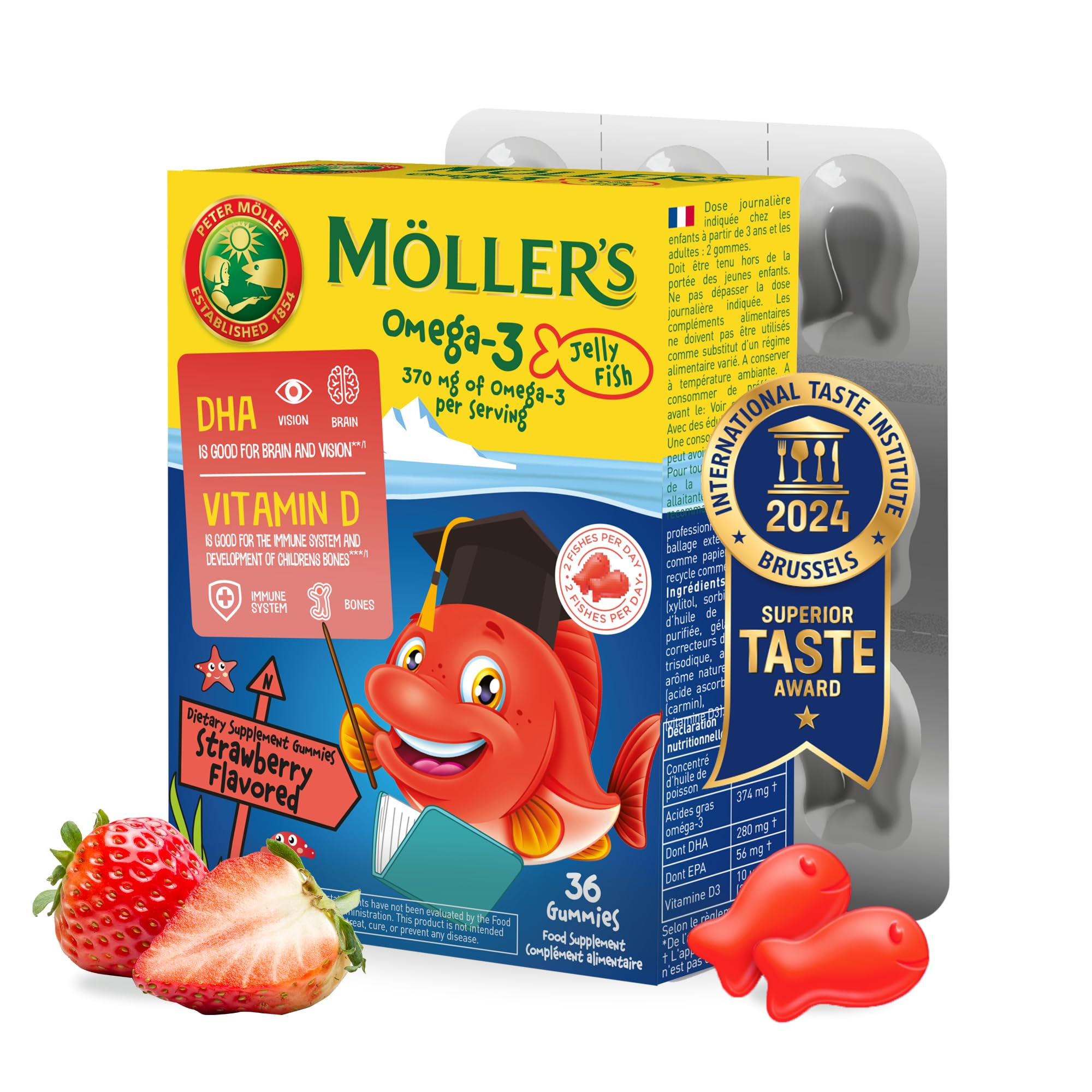 MÖLLER'S Omega 3 Capsules, Natural Fish Oil Omega3 for Kids with DHA and EPA, No Gluten, Lactose or Added Sugar & Easy to Chew, Strawberry Flavor, 36 Capsules - TrustMedUSA