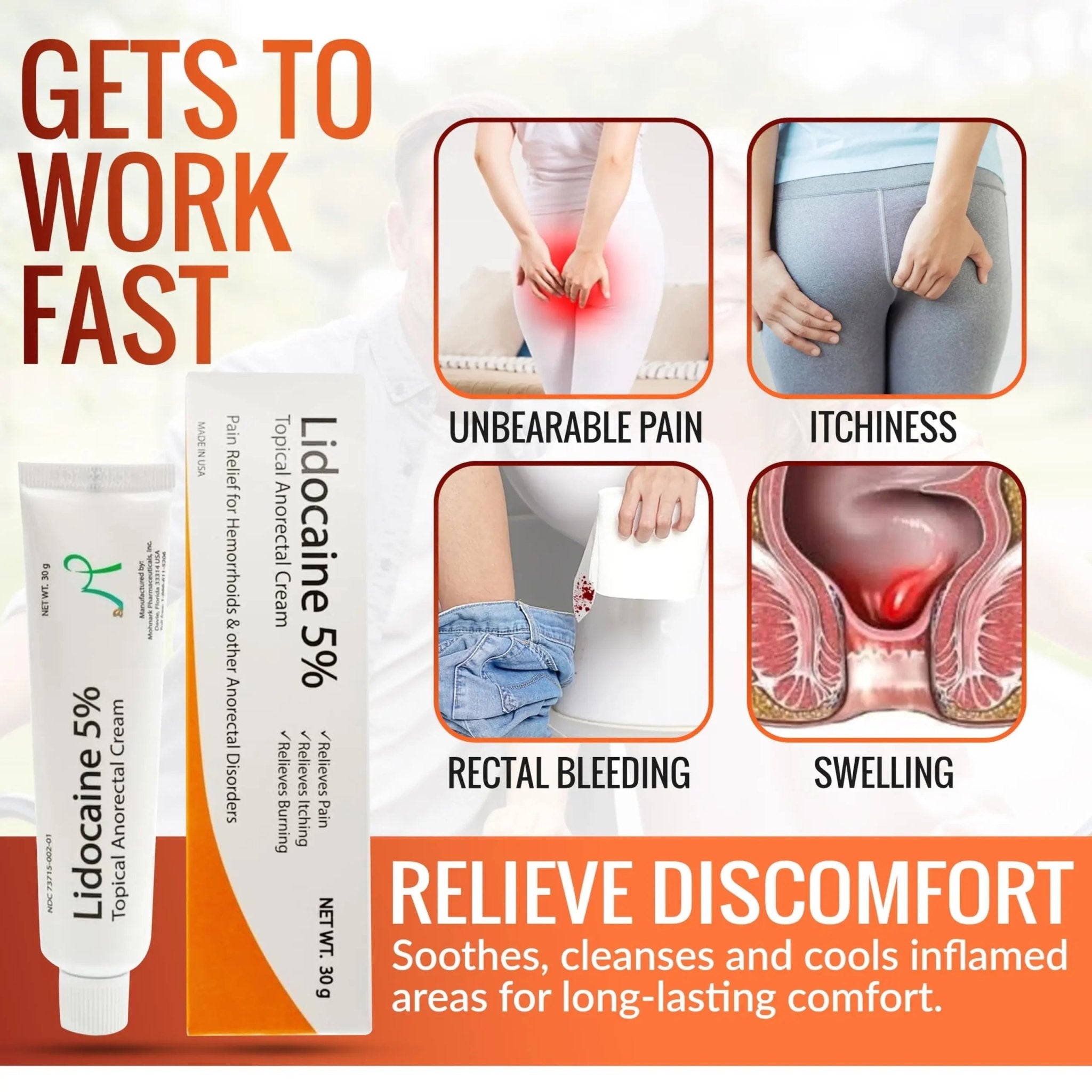 Mohnark Maximum Strength Lidocaine Hemorrhoid Treatment Cream for External and Internal Hemorrhoids Treatment Burn Itch Pain Relief Anal Cream Topical Anorectal Numbing Cream- 30 Gram Tube Made in USA - TrustMedUSA