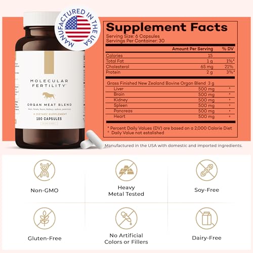 Molecular Fertility Beef Organ Complex - Pasture-Raised, Grass Fed Beef Liver, Brain, Heart, Spleen, Pancreas Blend, Healthy Hormone Balance and Fertility Supplement for Women and Men, 180 Capsules - TrustMedUSA