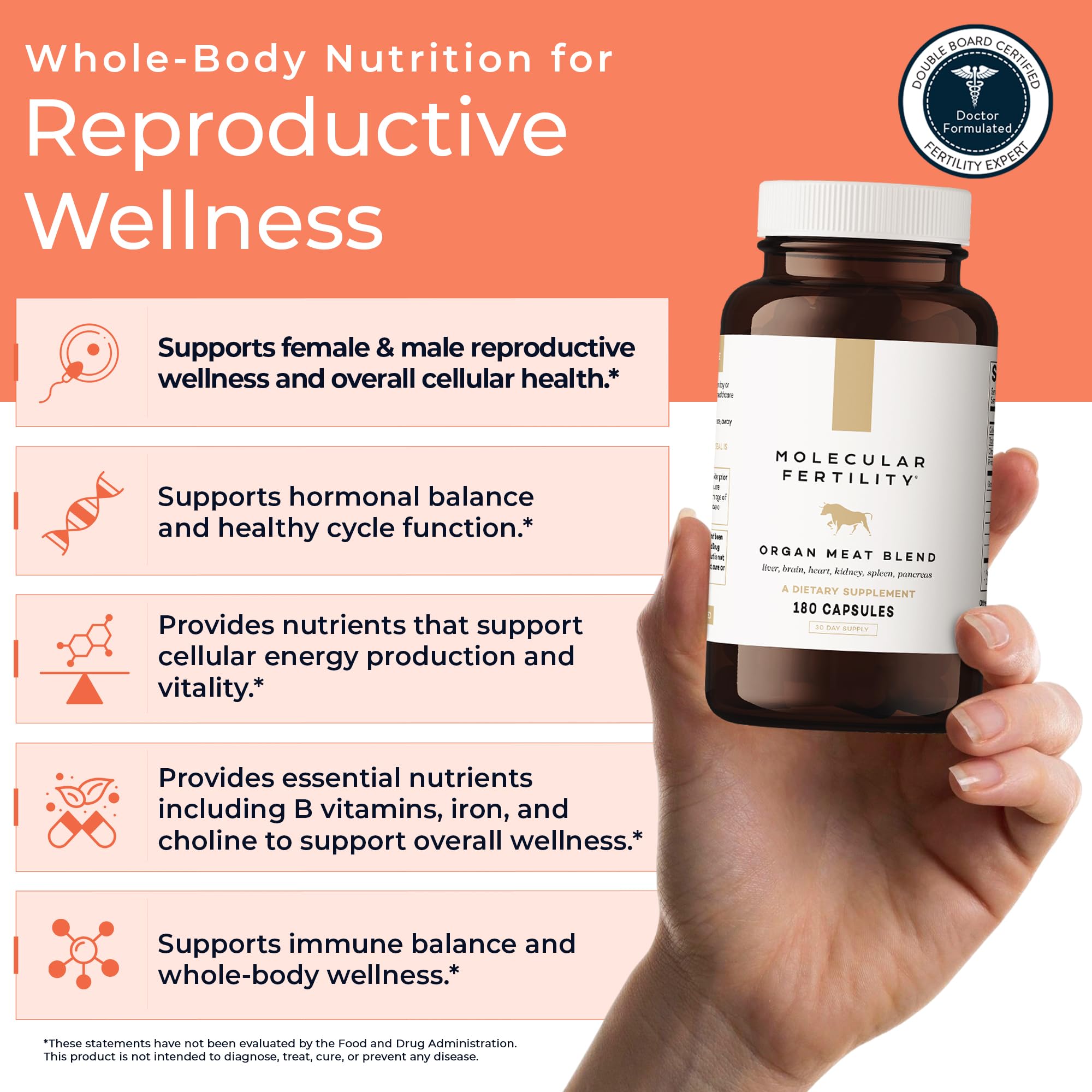 Molecular Fertility Beef Organ Complex - Pasture-Raised, Grass Fed Beef Liver, Brain, Heart, Spleen, Pancreas Blend, Healthy Hormone Balance and Fertility Supplement for Women and Men, 180 Capsules - TrustMedUSA