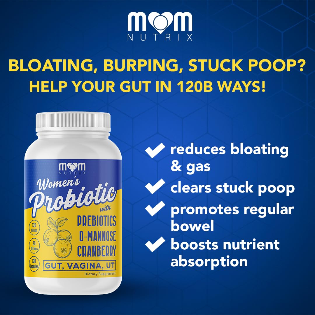 MOM NUTRIX Probiotic for Women - Vaginal, Gut, UT, pH Balance, Feminine & Digestive Health - Prebiotics with Probiotics, Cranberry, D-mannose - Bifidobacterium and Lactobacillus - 120 Capsules - Maple Wellness Supplements