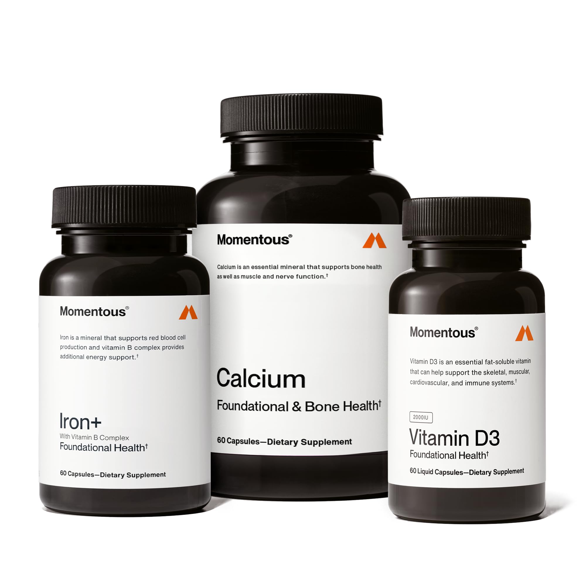 Momentous The Women's Three Bundle - Iron+, Calcium, & Vitamin D3 (2,000 IU) - 3 Critical Nutrients for All Women in 1 Daily Supplement System - NSF Certified for Sport - Gluten-Free - 60 Servings - TrustMedUSA