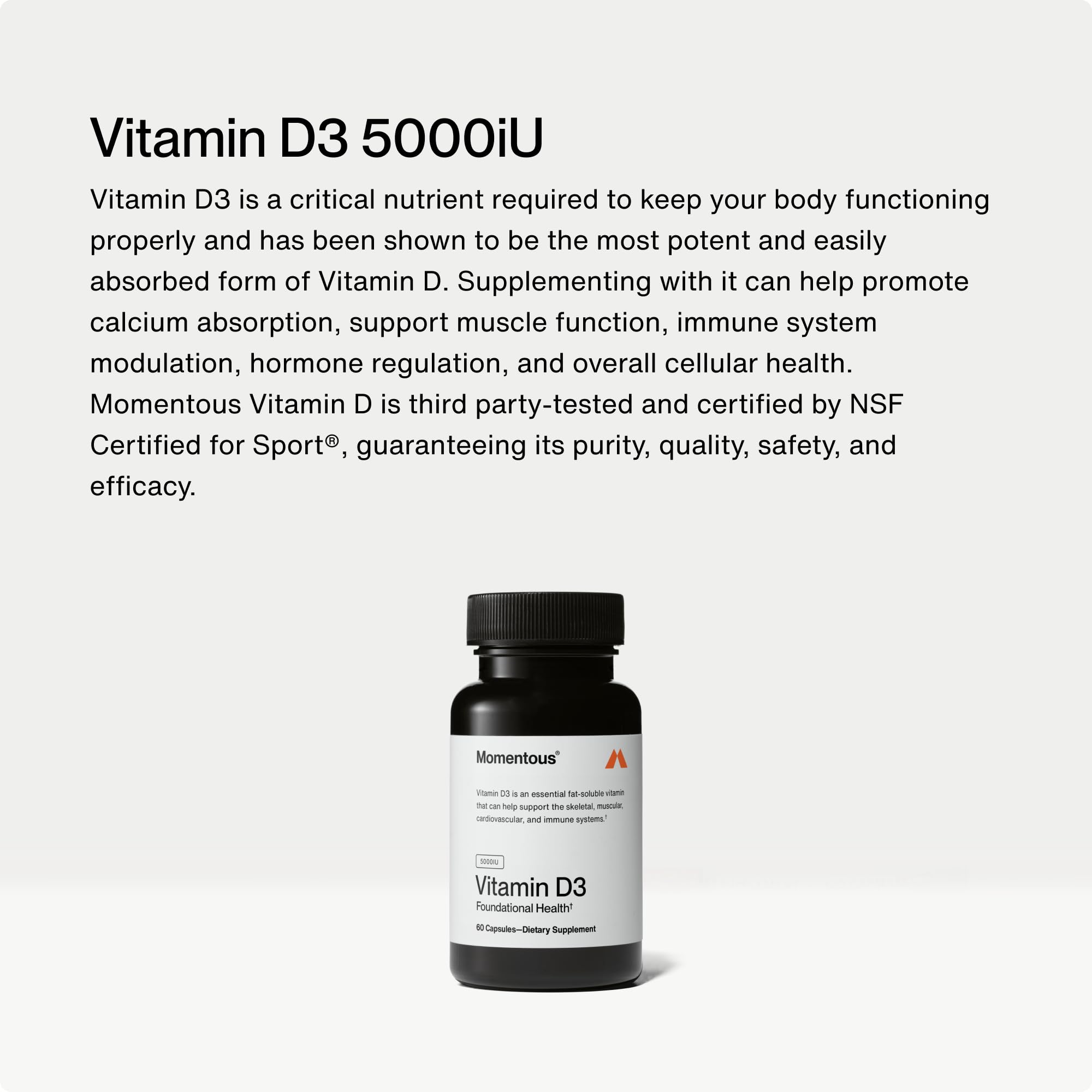 Momentous Vitamin D3 Supplement - 5,000 IU Capsules for Foundational Health Support - NSF Certified for Sport - Gluten Free - 60 Servings - Maple Wellness Supplements