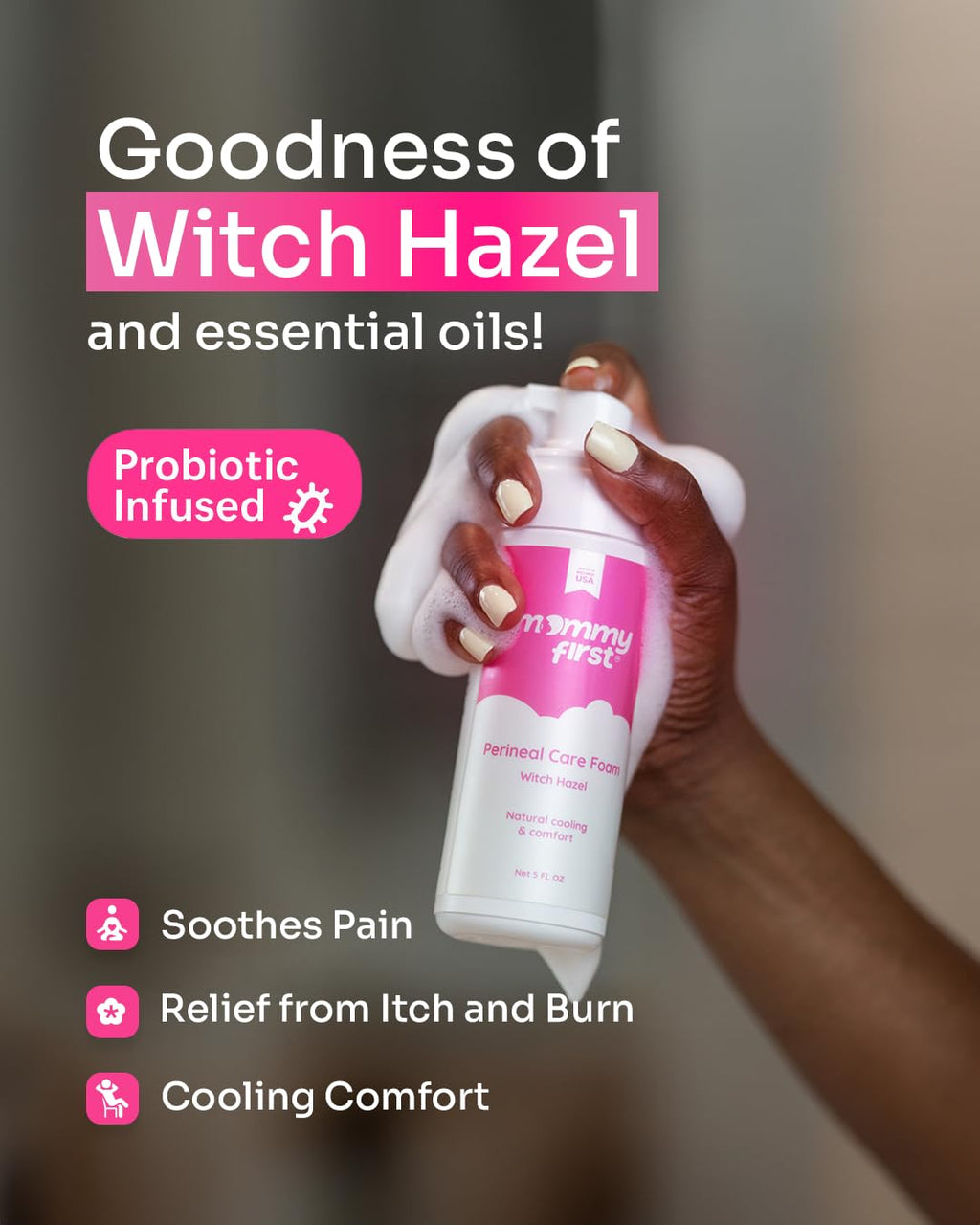Mommy First® Alcohol-Free Witch Hazel Postpartum Healing Foam & Perineal Cooling Liners Bundle – Probiotic-Infused Relief for Perineal Pain, Itch & Burn After Birth – 24 Liners + 5oz Foam - TrustMedUSA