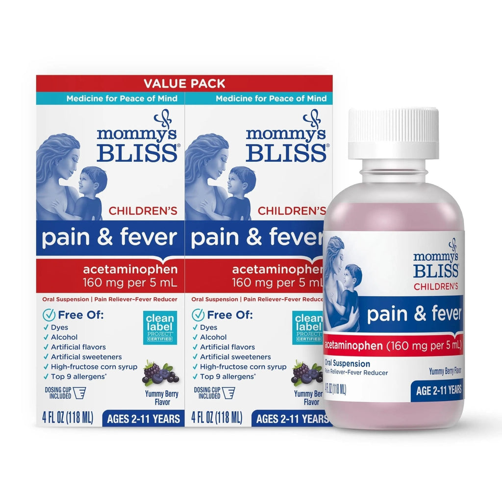 Mommy's Bliss Children's Pain and Fever Reducer, Kids Acetaminophen, Dye Free, Delicious Mixed Berry Flavor, Ages 2+, 4 Fluid Ounces (Pack of 2) - TrustMedUSA