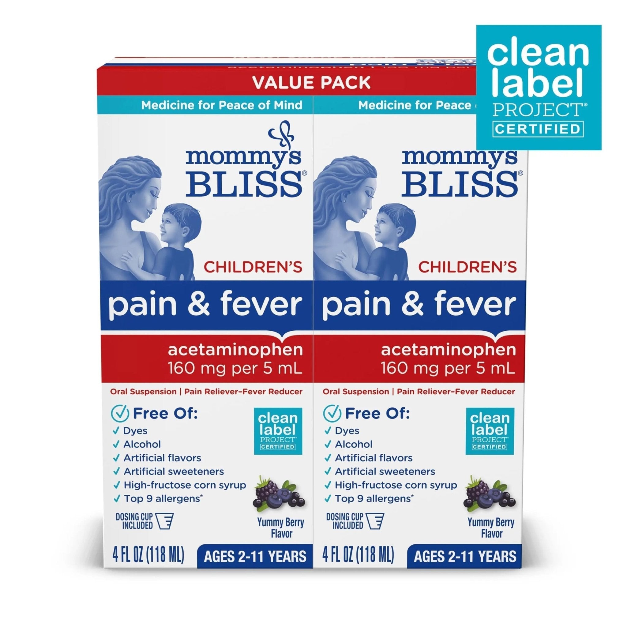 Mommy's Bliss Children's Pain and Fever Reducer, Kids Acetaminophen, Dye Free, Delicious Mixed Berry Flavor, Ages 2+, 4 Fluid Ounces (Pack of 2) - TrustMedUSA
