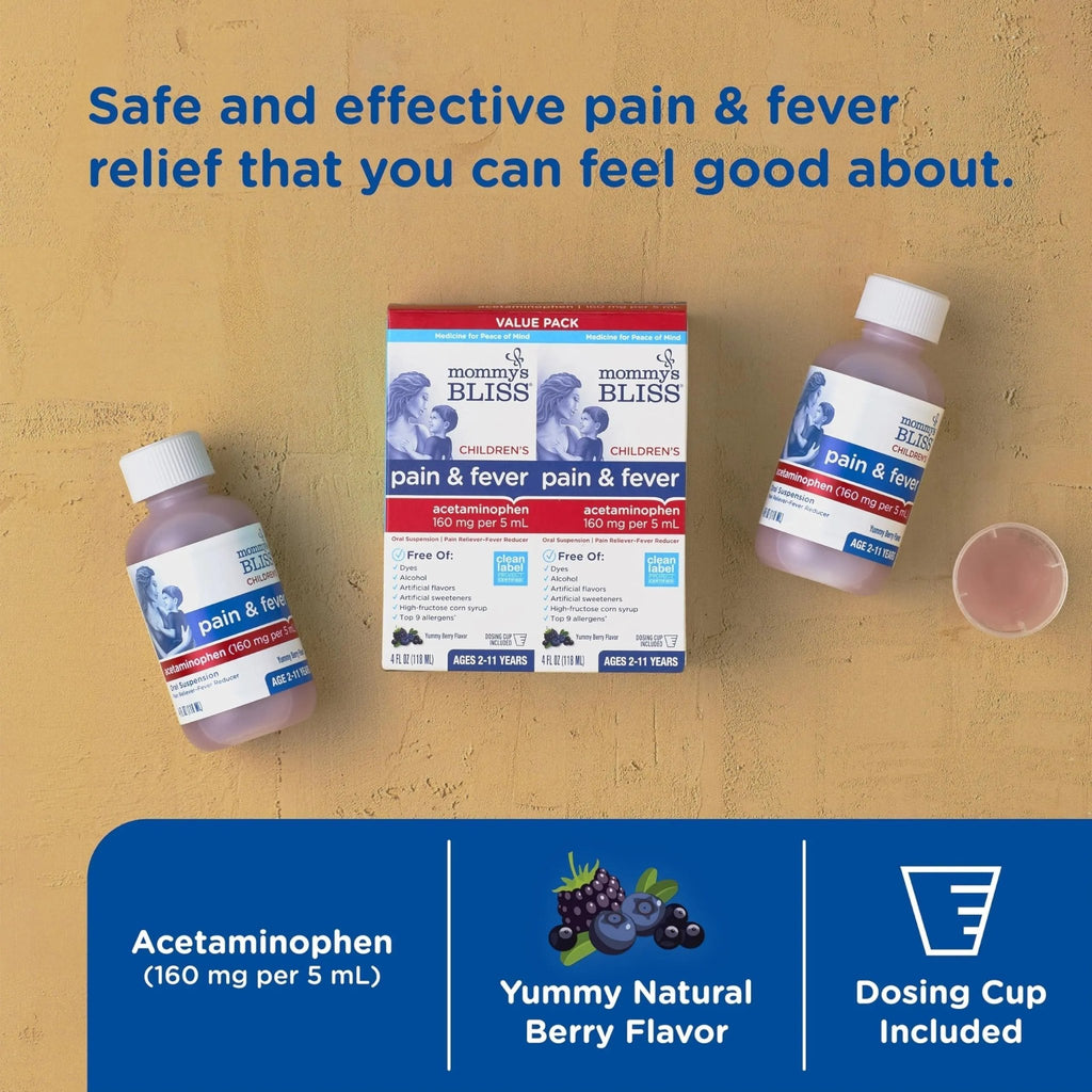 Mommy's Bliss Children's Pain and Fever Reducer, Kids Acetaminophen, Dye Free, Delicious Mixed Berry Flavor, Ages 2+, 4 Fluid Ounces (Pack of 2) - TrustMedUSA
