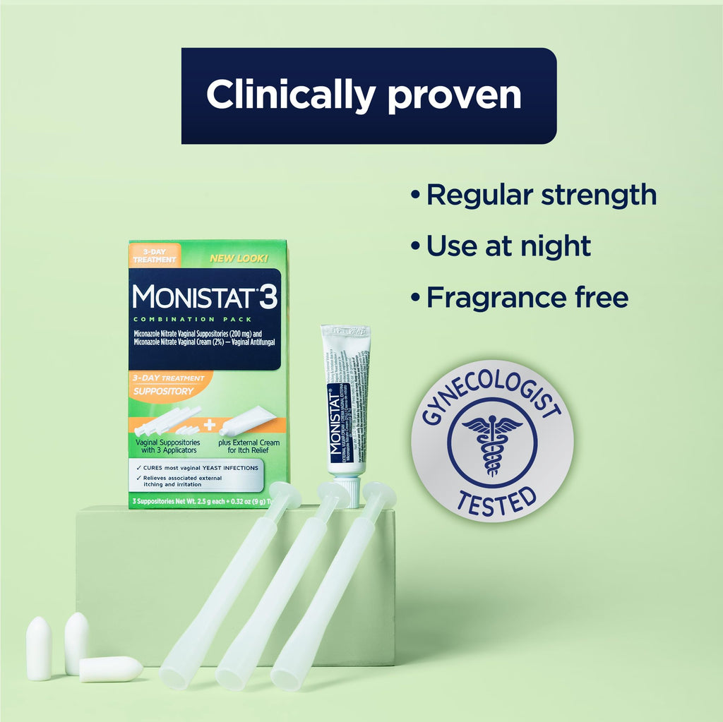 Monistat 3-Day Yeast Infection Treatment for Women, 3 Miconazole Vaginal Suppositories & External Itch Relief Cream (9g Tube) Combo Pack - Maple Wellness Supplements