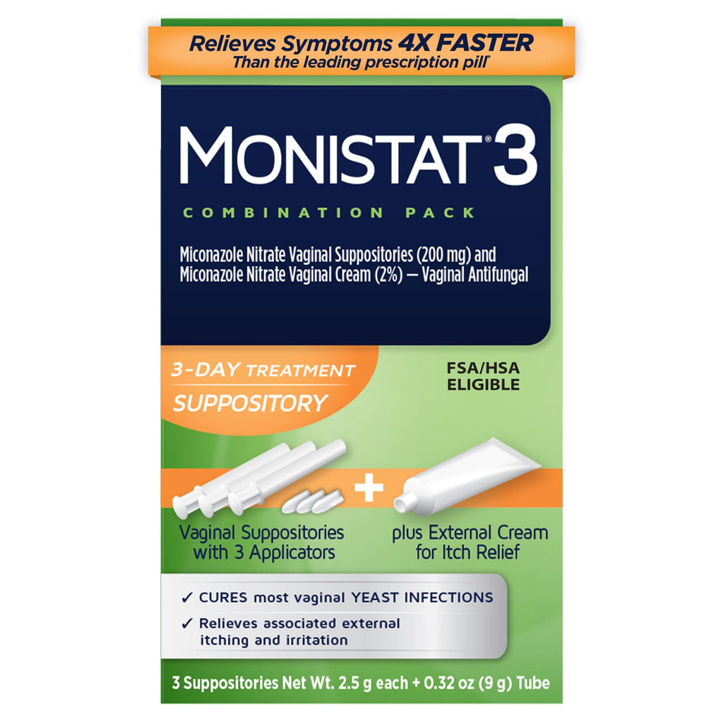 Monistat 3-Day Yeast Infection Treatment for Women, 3 Miconazole Vaginal Suppositories & External Itch Relief Cream (9g Tube) Combo Pack - Maple Wellness Supplements
