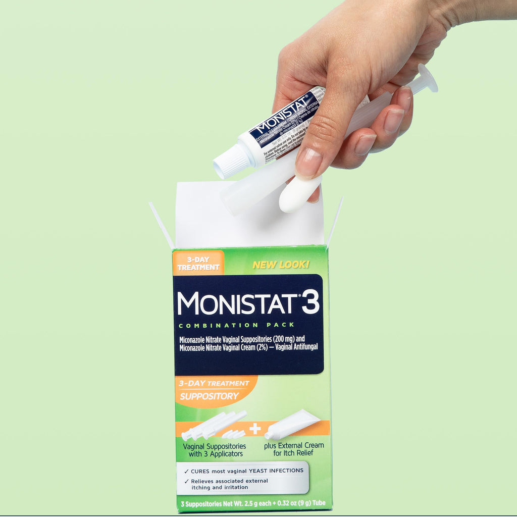 Monistat 3-Day Yeast Infection Treatment for Women, 3 Miconazole Vaginal Suppositories & External Itch Relief Cream (9g Tube) Combo Pack - Maple Wellness Supplements