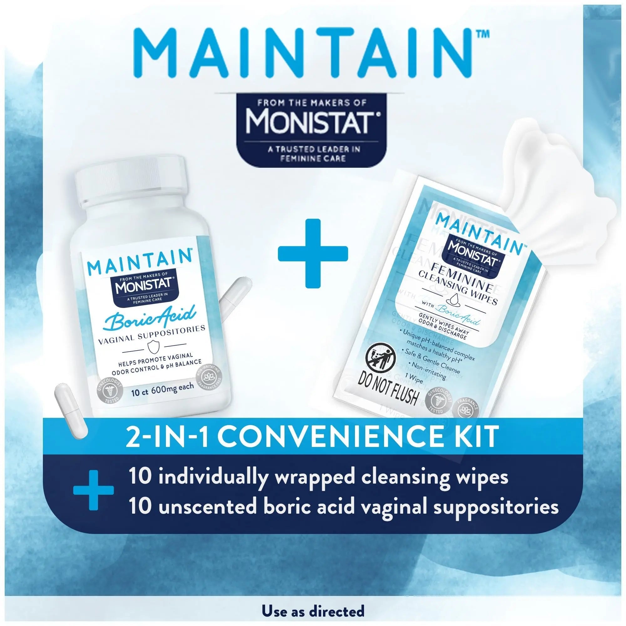 Monistat Maintain Boric Acid Odor Control Kit, 10 Feminine Wipes & 10 Boric Acid Suppositories for Women, Fragrance-Free and Non-Irritating pH Balanced Formulas to Control Vaginal Odor - TrustMedUSA
