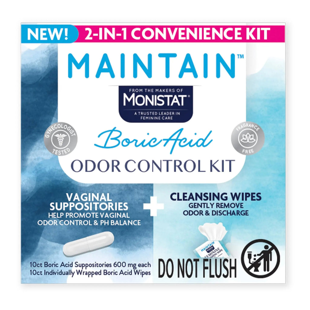 Monistat Maintain Boric Acid Odor Control Kit, 10 Feminine Wipes & 10 Boric Acid Suppositories for Women, Fragrance-Free and Non-Irritating pH Balanced Formulas to Control Vaginal Odor - TrustMedUSA