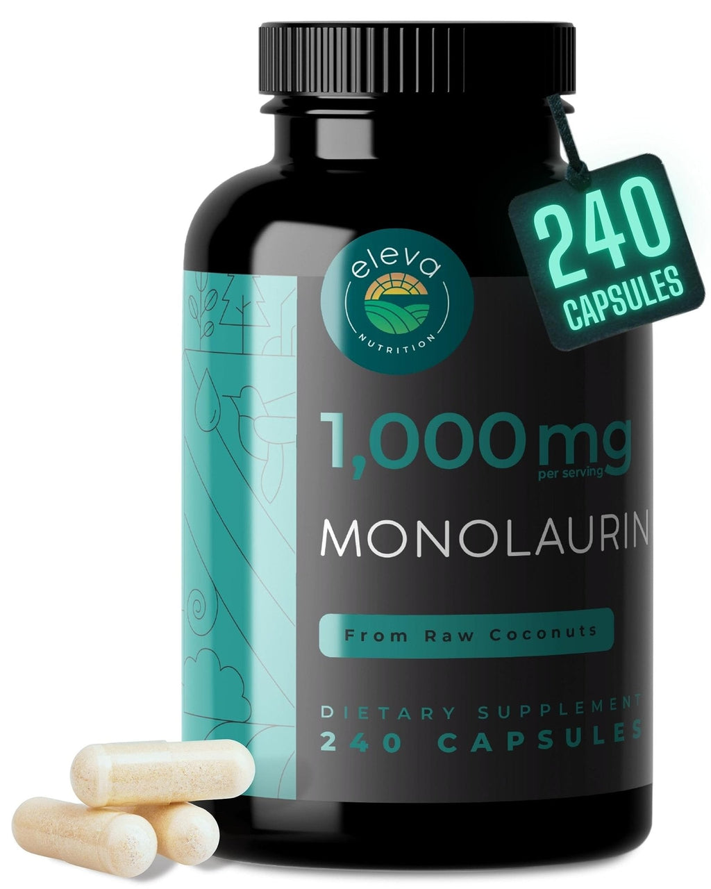 Monolaurin 1000mg Capsules — Made with Pure Glycerol and Lauric Acid from Raw Coconut — Natural Vegans- Non-GMO and Soy Free — 240 Capsules - Maple Wellness Supplements
