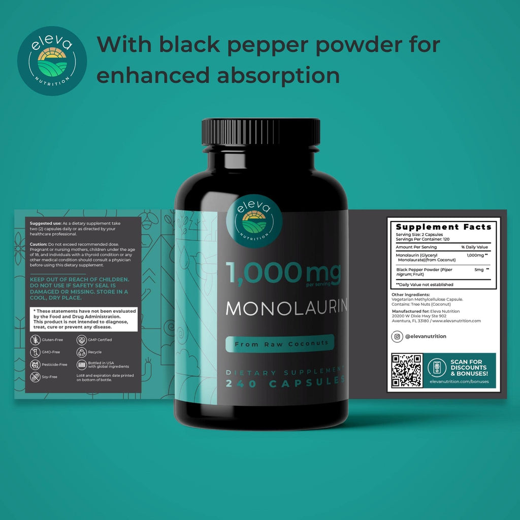 Monolaurin 1000mg Capsules — Made with Pure Glycerol and Lauric Acid from Raw Coconut — Natural Vegans- Non-GMO and Soy Free — 240 Capsules - Maple Wellness Supplements