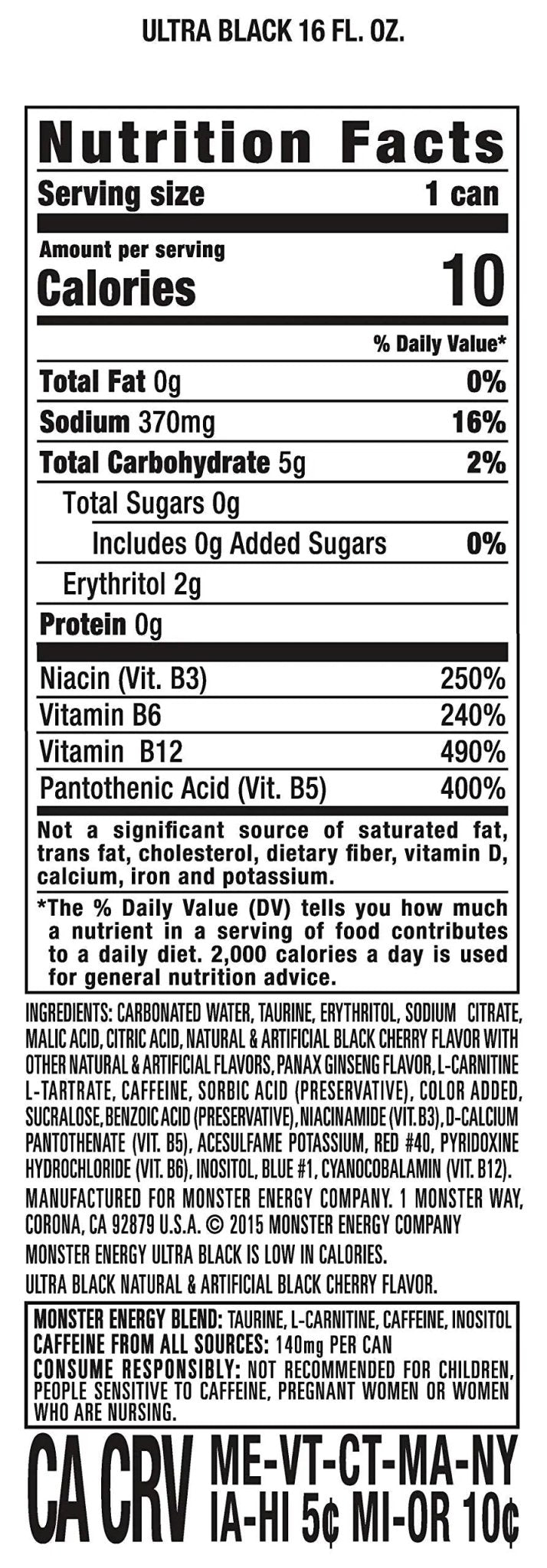 Monster Energy Ultra Black, Sugar Free Energy Drink, 16 Ounce (Pack of 15) - TrustMedUSA