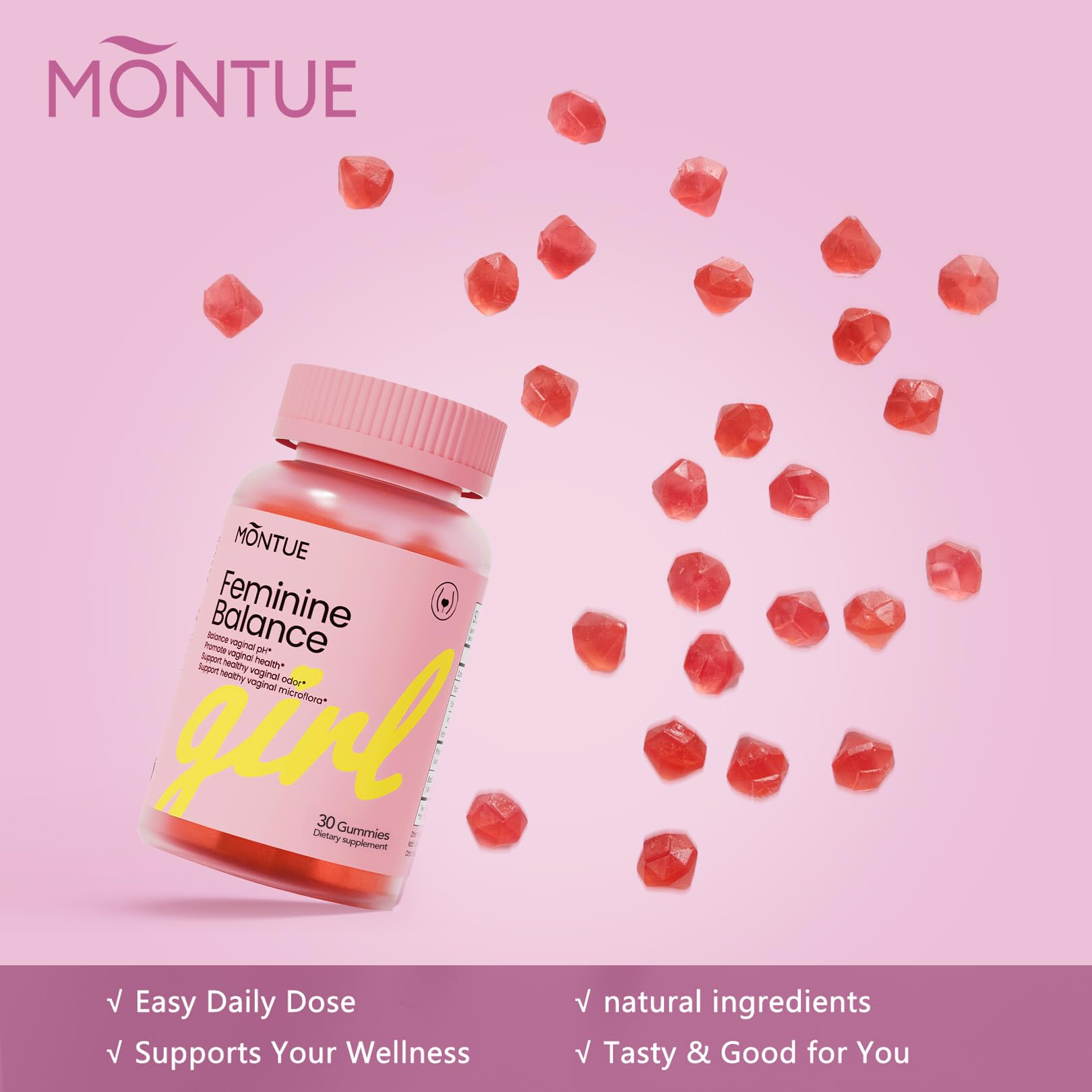 Montue Premium Diamond Feminine Balance Gummies-pH Balance with Prebiotics & Lactobacillus Probiotic Blend&Hawaiian Pineapple Immune Support,Vegan& Non-GMO（30 Gummies） - TrustMedUSA