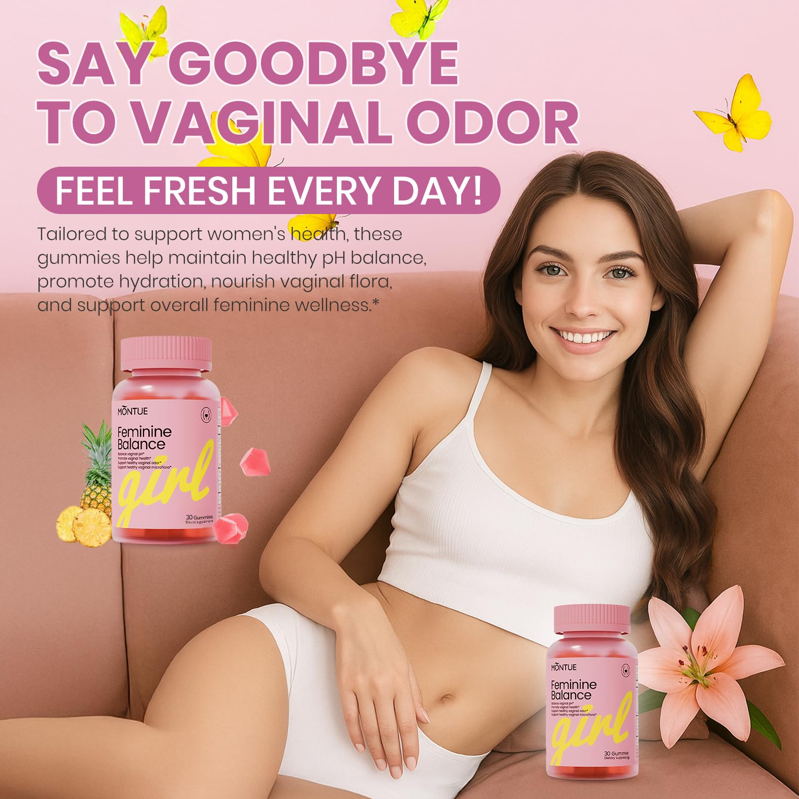 Montue Premium Diamond Feminine Balance Gummies-pH Balance with Prebiotics & Lactobacillus Probiotic Blend&Hawaiian Pineapple Immune Support,Vegan& Non-GMO（30 Gummies） - TrustMedUSA