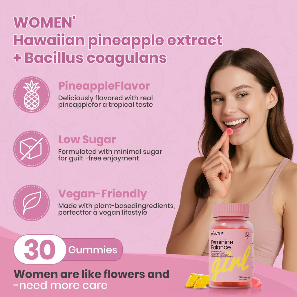 Montue Premium Diamond Feminine Balance Gummies-pH Balance with Prebiotics & Lactobacillus Probiotic Blend&Hawaiian Pineapple Immune Support,Vegan& Non-GMO（30 Gummies） - TrustMedUSA