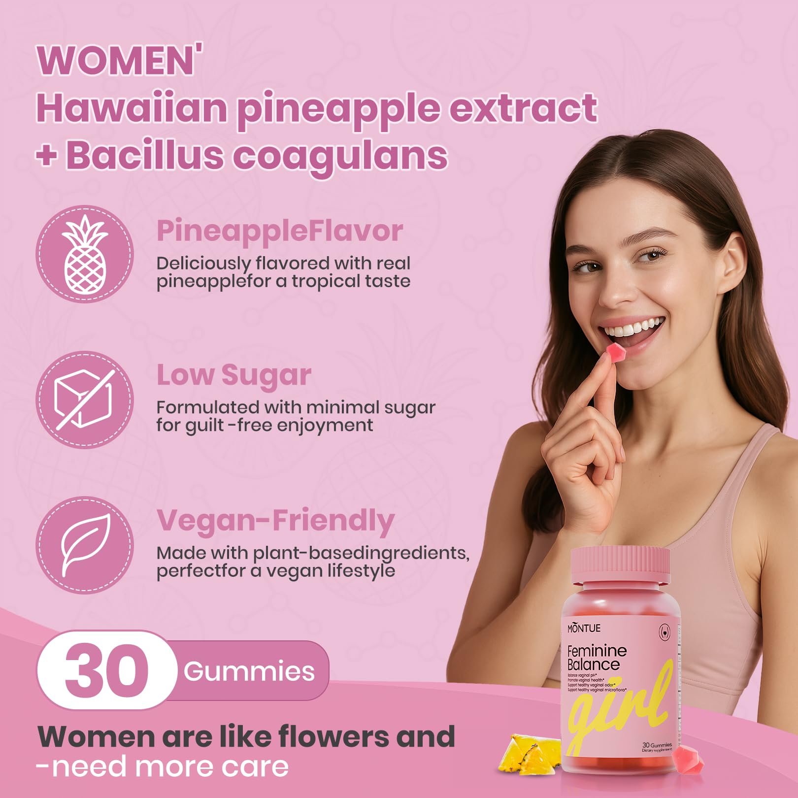 Montue Premium Diamond Feminine Balance Gummies-pH Balance with Prebiotics & Lactobacillus Probiotic Blend&Hawaiian Pineapple Immune Support,Vegan& Non-GMO（30 Gummies） - TrustMedUSA